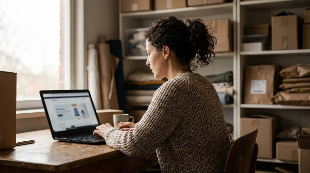 A UK small-business owner reviewing her online store on a laptop in the back room of her shop