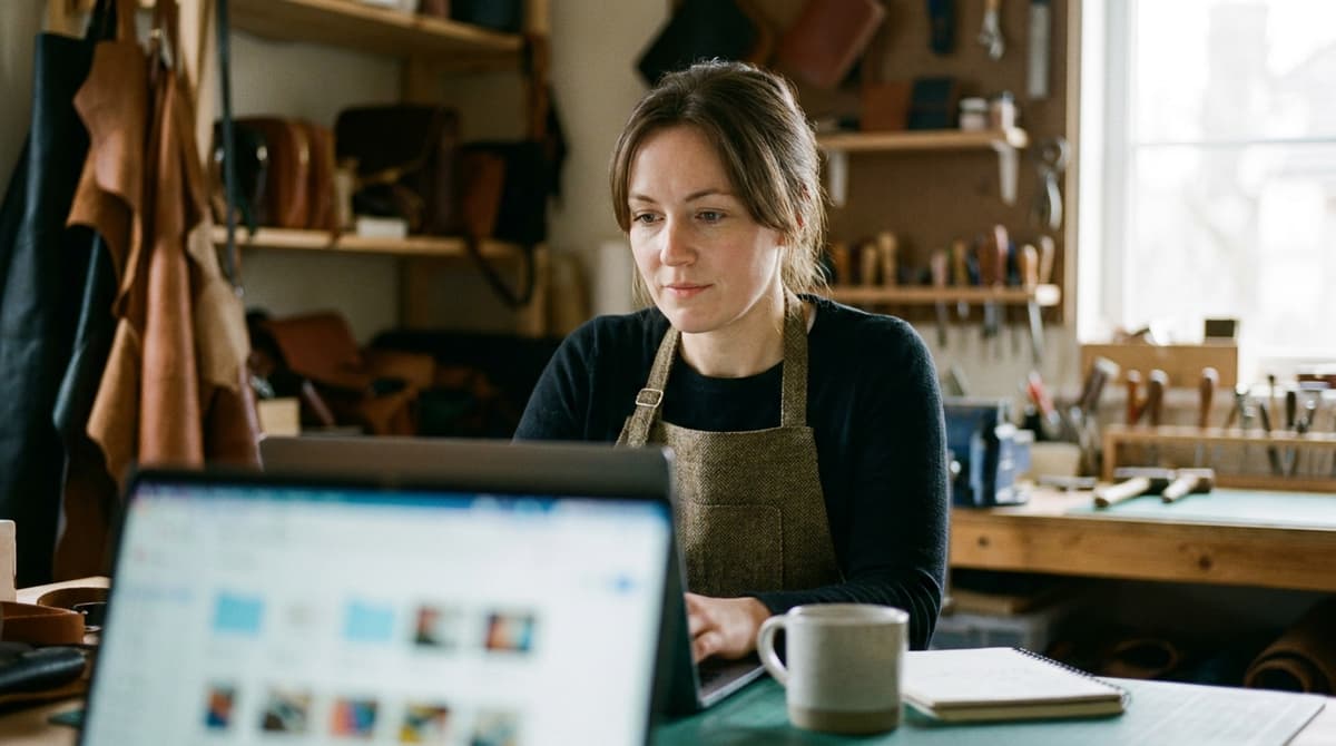 A craftsperson in a workshop reviewing an online advertising campaign on a laptop