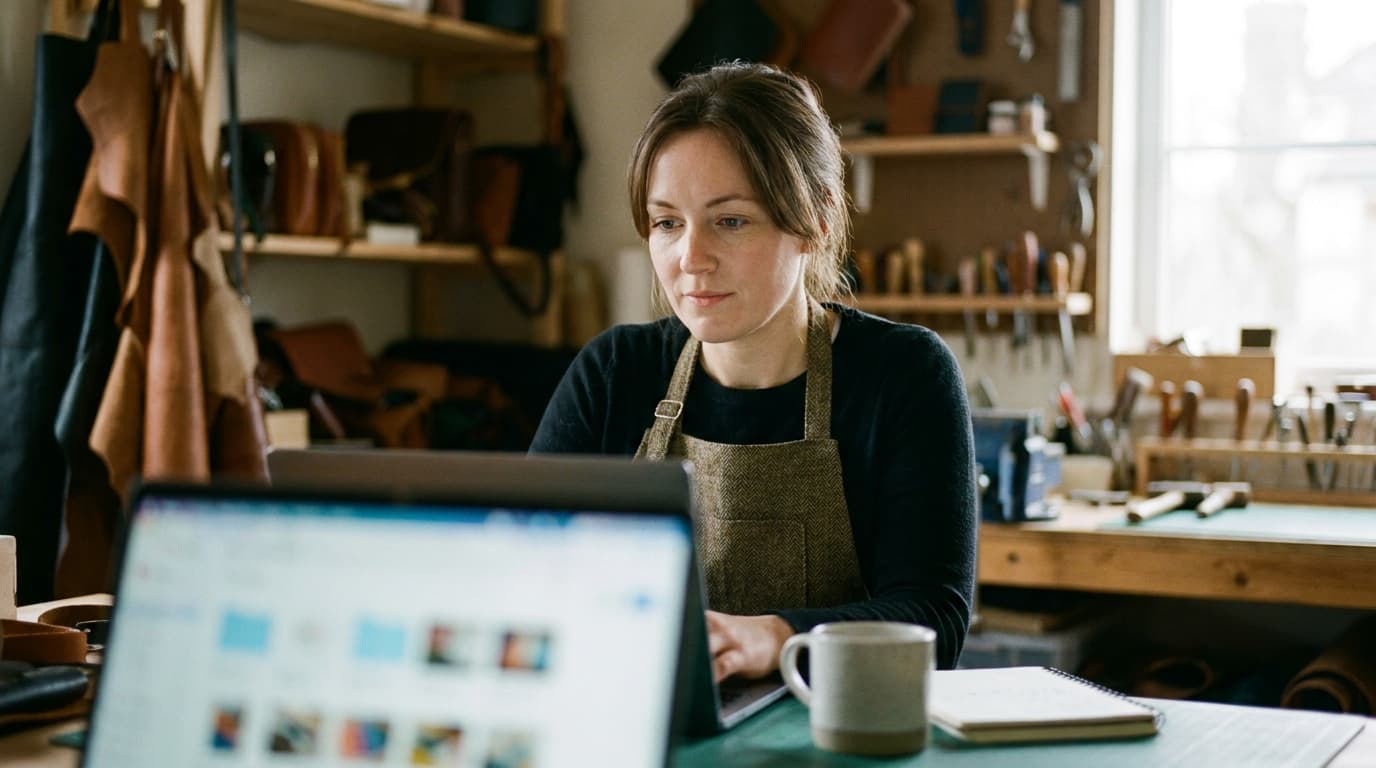 A craftsperson in a workshop reviewing an online advertising campaign on a laptop