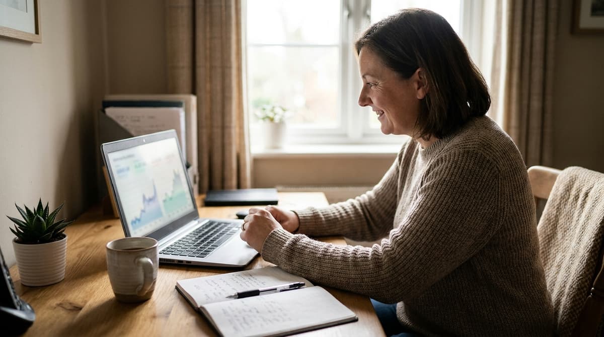 A UK small-business owner reviewing website performance graphs on a laptop at a home-office desk