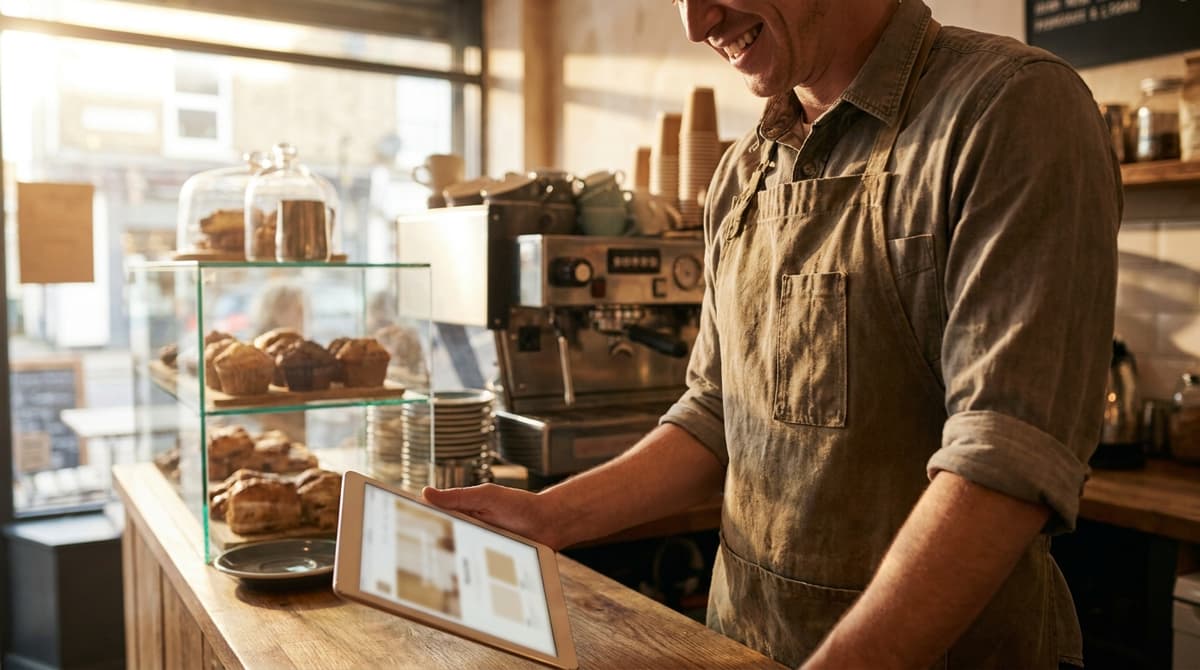 A cafe owner in an apron looking at their new business website on a tablet behind the counter
