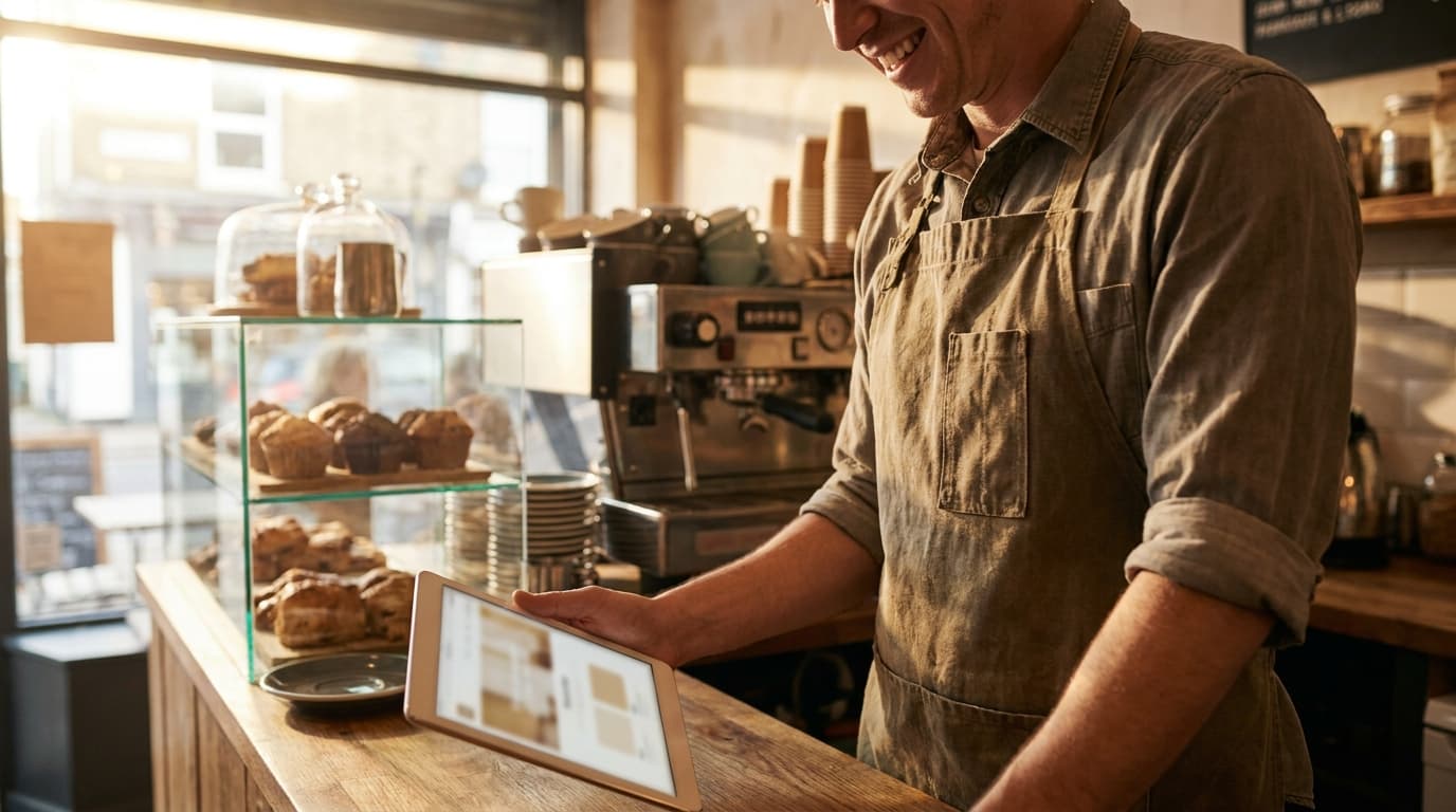 A cafe owner in an apron looking at their new business website on a tablet behind the counter