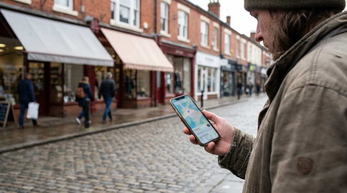 A person on a British high street using a map app on their phone to find a nearby shop
