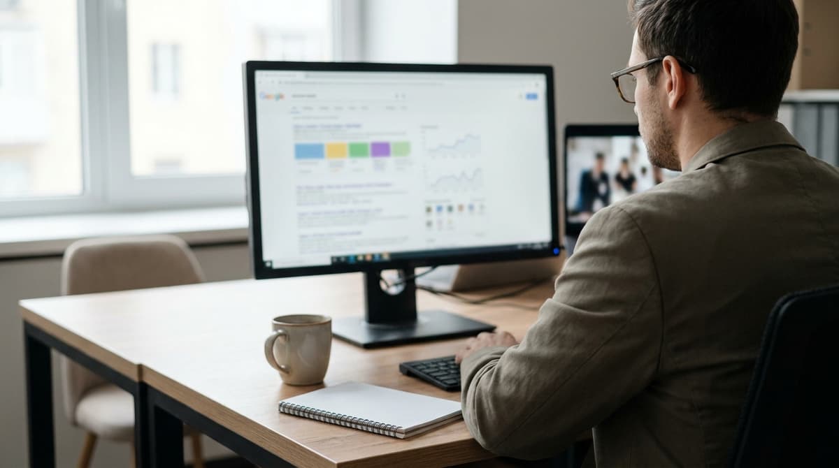 A marketer reviewing a Google search results page and campaign figures on a desktop monitor