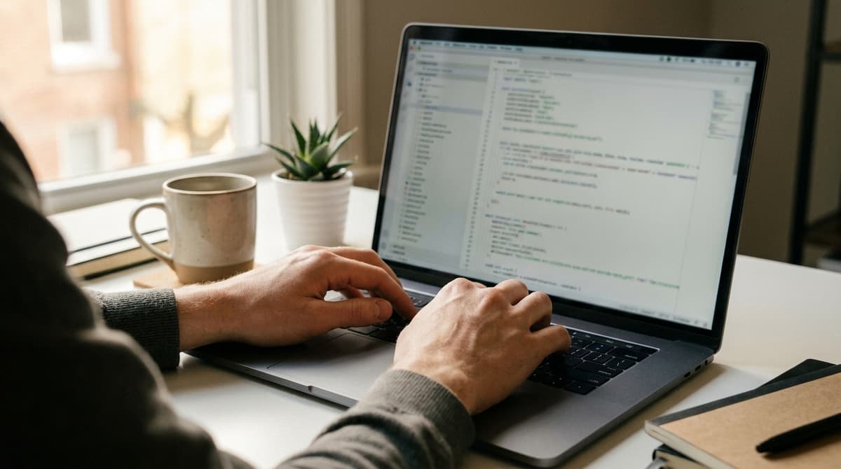 A web developer typing code on a laptop at a tidy desk with a coffee and a plant